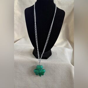 Green Glitter Shamrock Pendant Necklace - Women Jewelry